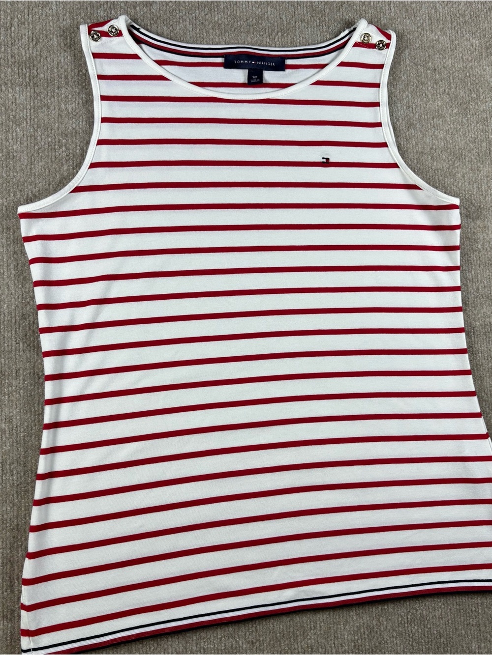 Tommy‎ Hilfiger Red and White Striped Button-Shoulder Tank